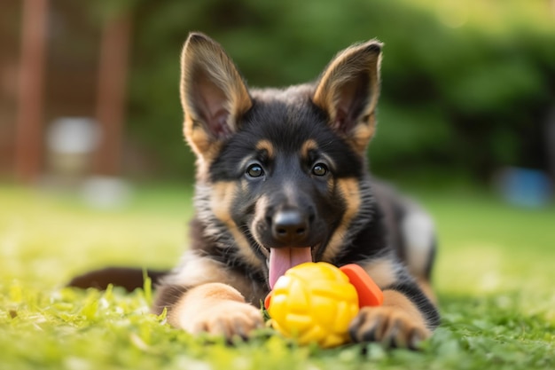 a dog laying on the grass with a ball