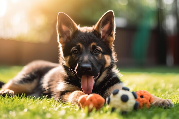 a dog laying on the grass with a ball