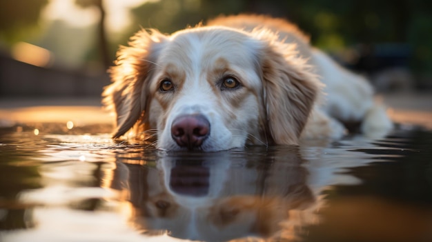 水中で地面に横たわる犬