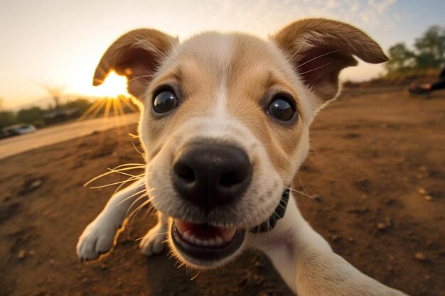 a dog laying on the ground with the sun behind him