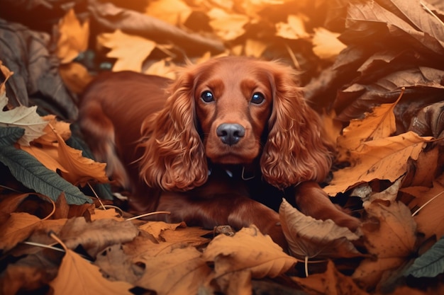 A dog laying in leaves in the fall