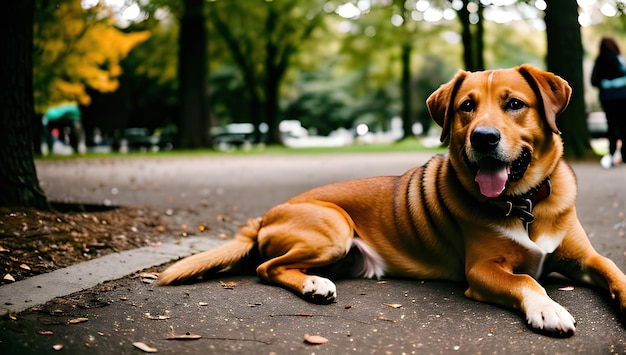 公園の小道に横たわる犬