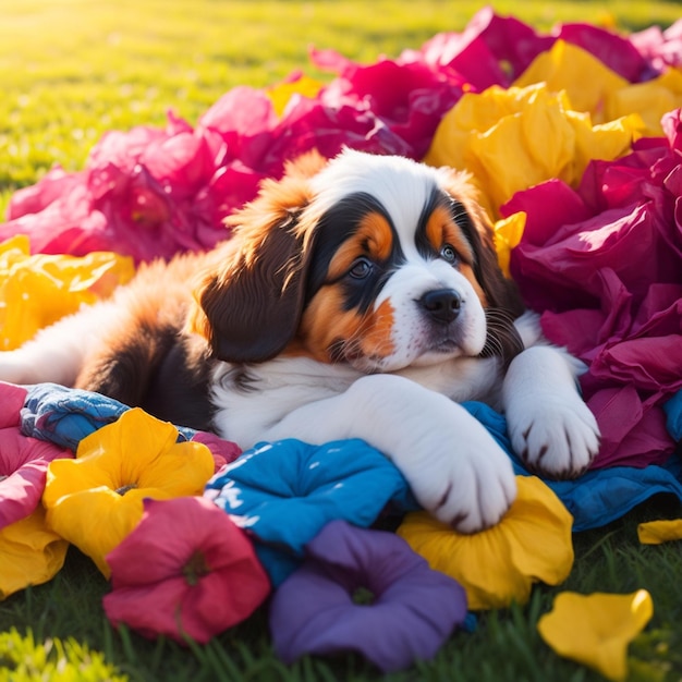 A dog laying on a pile of colorful tissue paper.