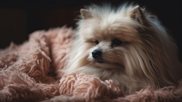 ピンクの毛布の上に横たわる犬