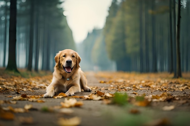 A dog laying on a road in autumn leaves