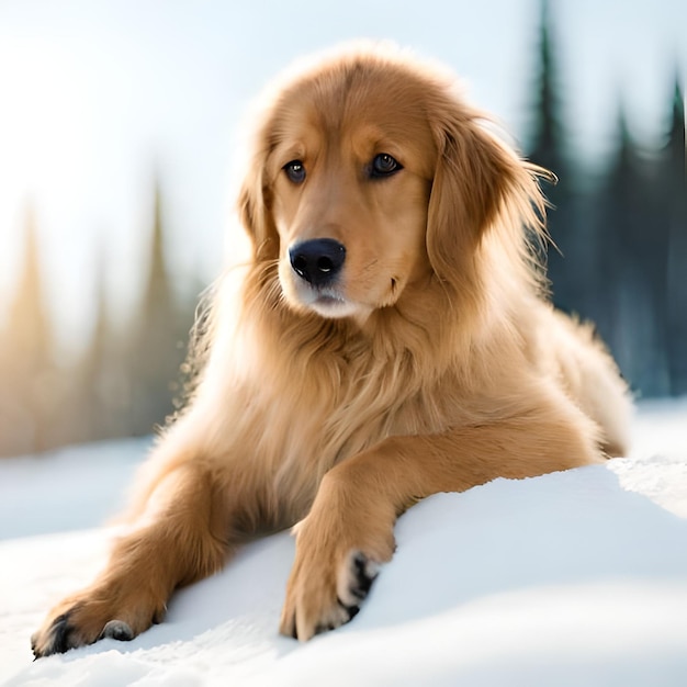 A dog laying in the snow with the sun shining on it.