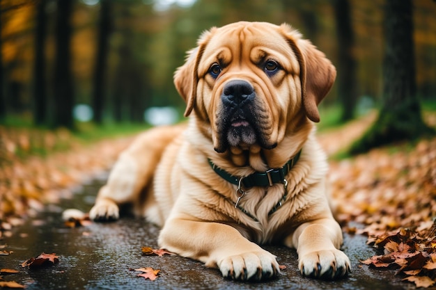 A dog laying on a wet road in the woods