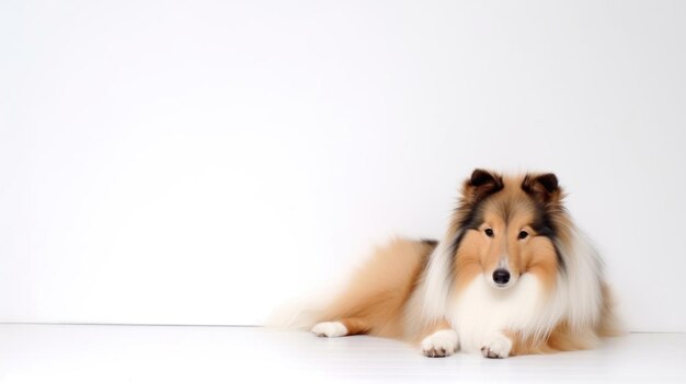 A dog laying on a white background with a white background.