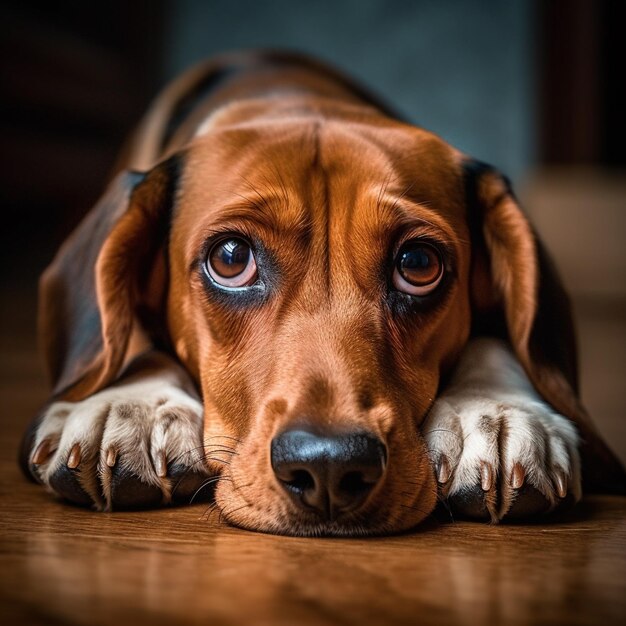 a dog laying on a wooden floor with its eyes open.