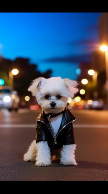 A dog in a leather jacket sits on a street.