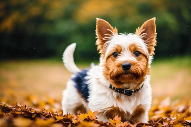 A dog in the leaves of autumn