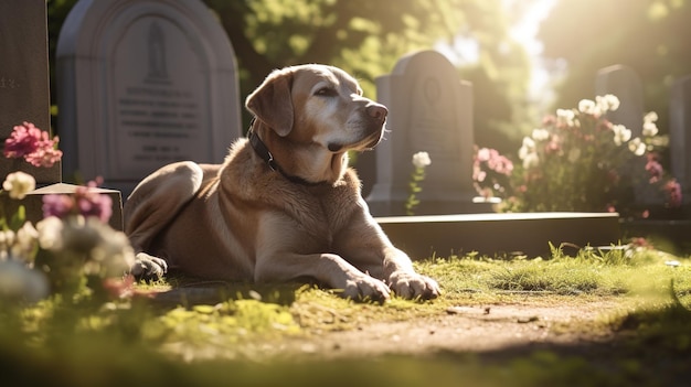 A dog lies next to a grave in a cemetery High quality photo