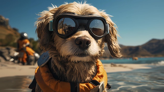 a dog in lifeguard clothing