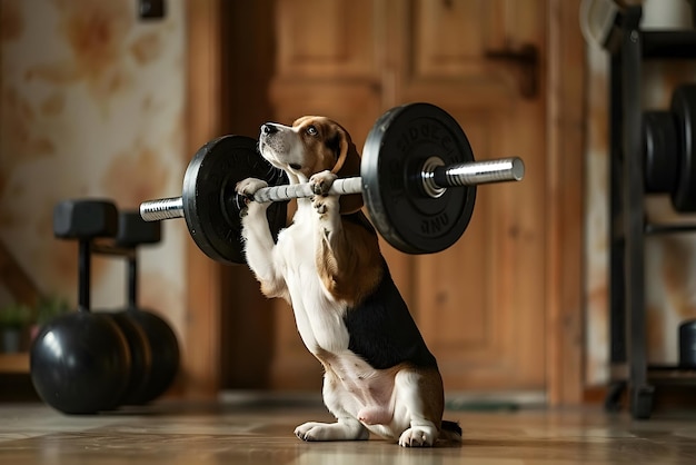 A dog lifting a dumbbell in a gym