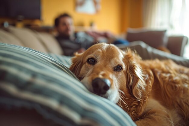 Dog in the living room and the family in the sofa Love between pet and family members