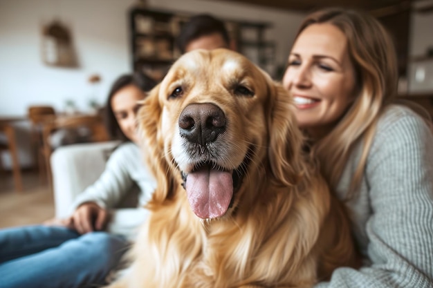 Dog in the living room and the family in the sofa Love between pet and family members