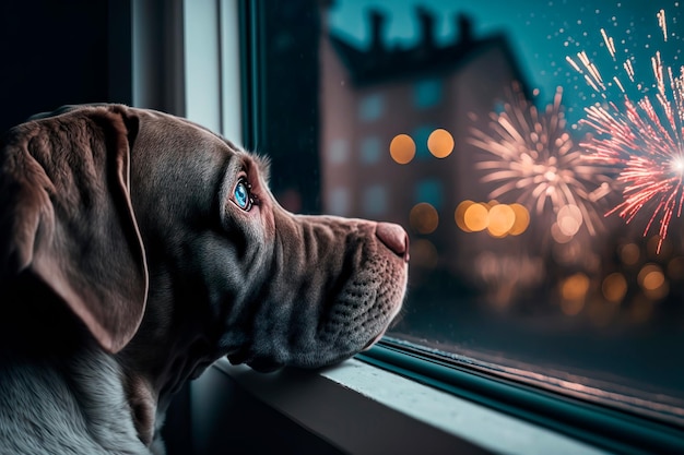 Dog look out the window and watching the fireworksshot Generative AI