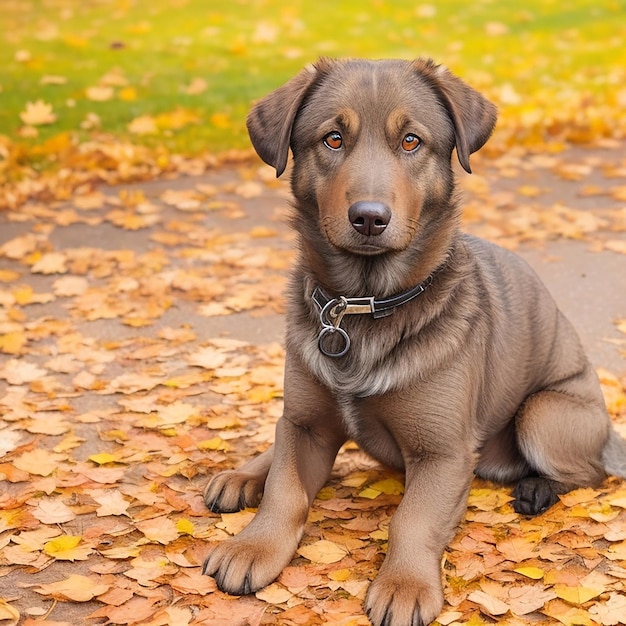 AIによって生成された秋の日にカメラを見ている犬