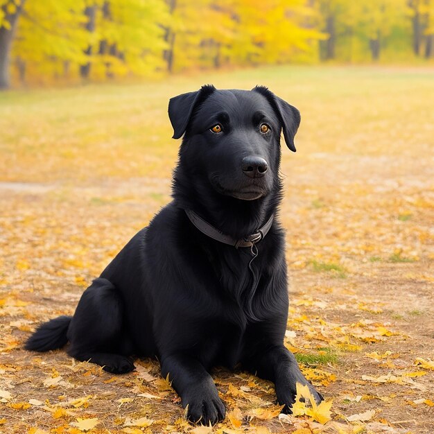 AIによって生成された秋の日にカメラを見ている犬