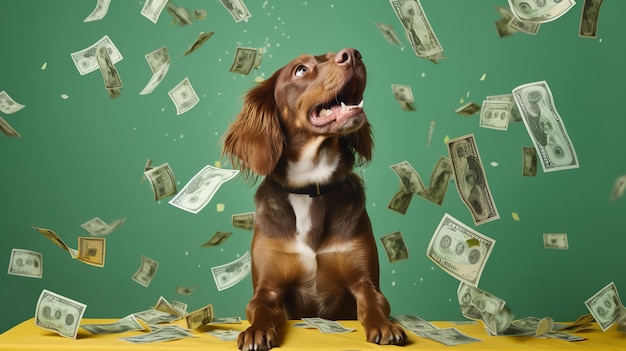 dog looking at money bills falling