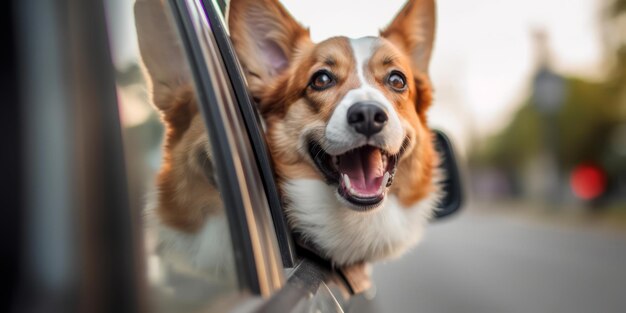 車の窓から外を見ている犬