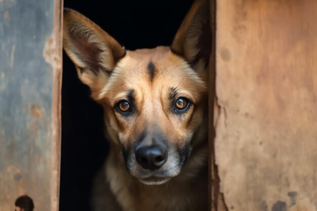 ドアの外を見る犬