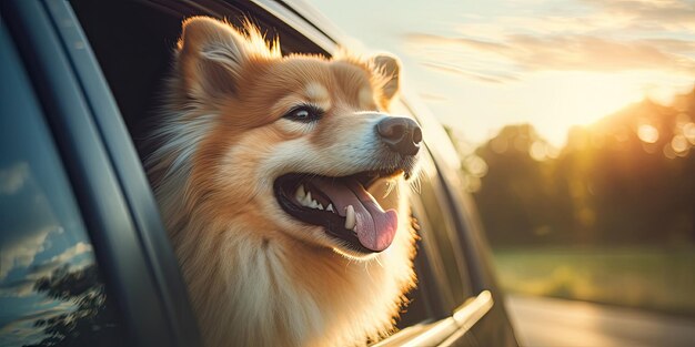 道路を走っている車の窓から外を眺める犬