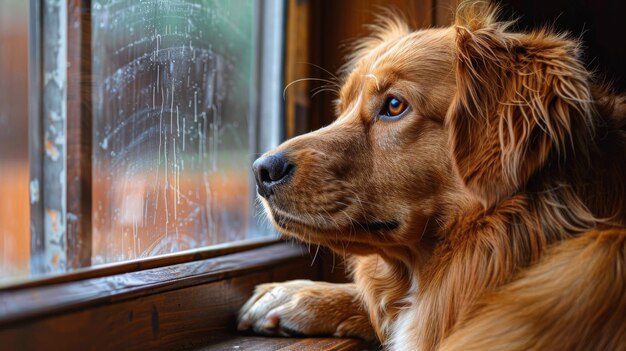 窓の外を見ている犬