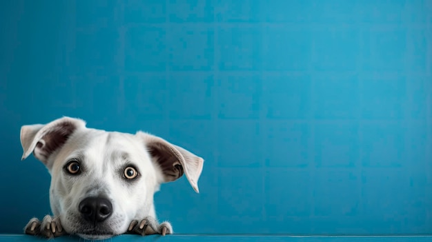 A dog looking over a table with a blue background