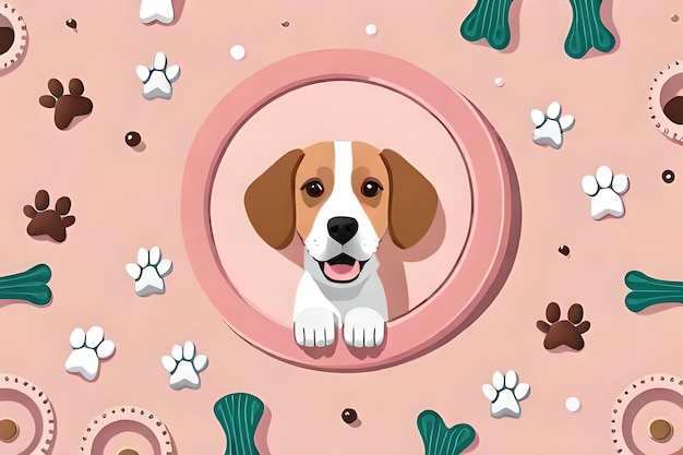 A dog looking through a hole in the wall with a pink background with a place for a text in the middle.