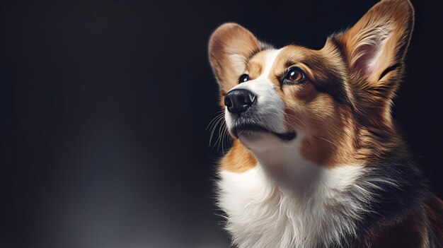 A dog looking up with a black background