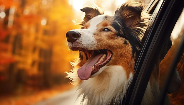 犬が秋の日に車の窓から外を眺めている