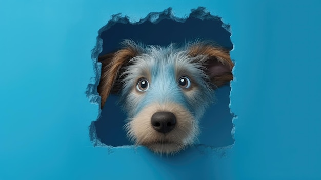 A dog looks through a hole in a blue wall.