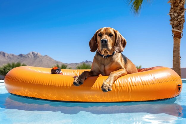 Dog lounging on an inflatable pool raft under the sun