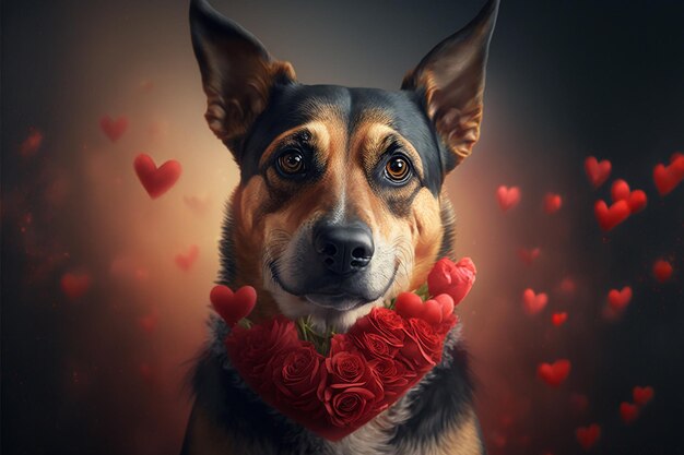 赤い花の首輪と犬の愛のバレンタインデー