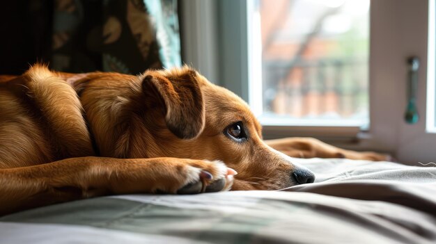 Photo dog lying on bed window behind him ai generated image