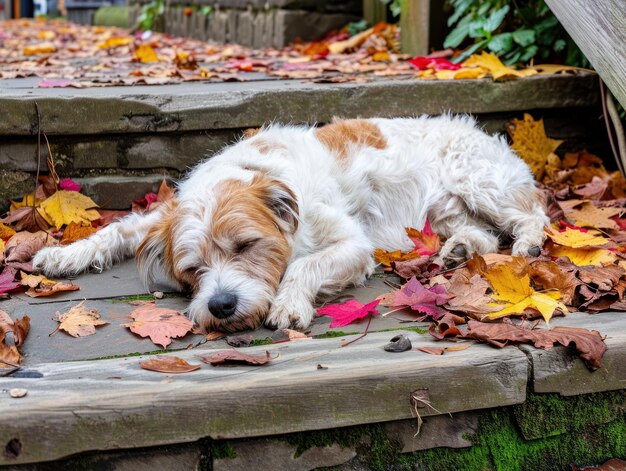 A dog lying on a stone steps with leaves