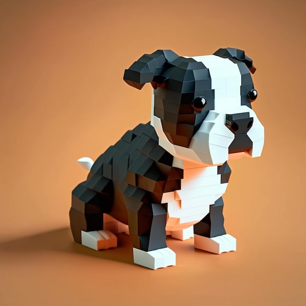 A dog made of legos is sitting on an orange background.