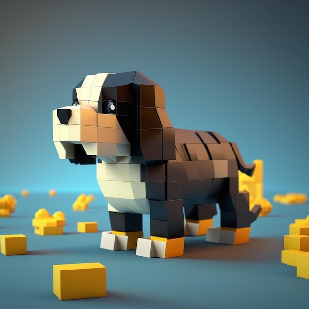 Foto un cane fatto di lego è circondato da cubi.