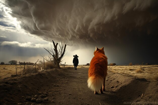 a dog and a man are standing in a field with a sky background