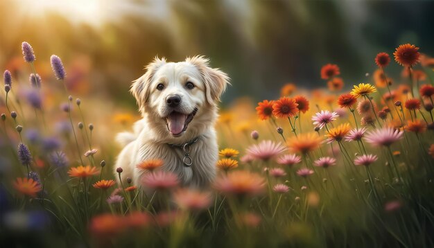 Dog in the meadow Cute dog plays among flowers at sunset AI generated