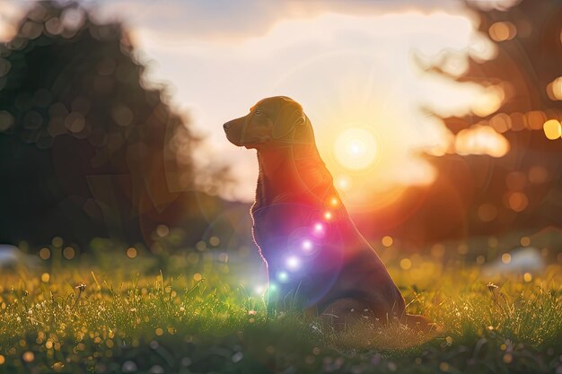 Photo dog meditates on grass grounding energy into chakras