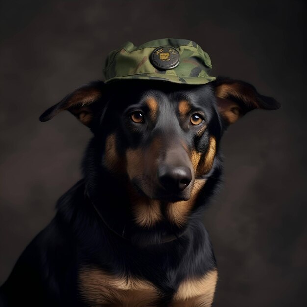 Dog in military cap on a dark background Portrait of a dog