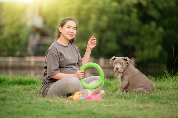 Dog mom happy family, Pregnant women with puppy dog funny and cute, American bully dog , pet lover