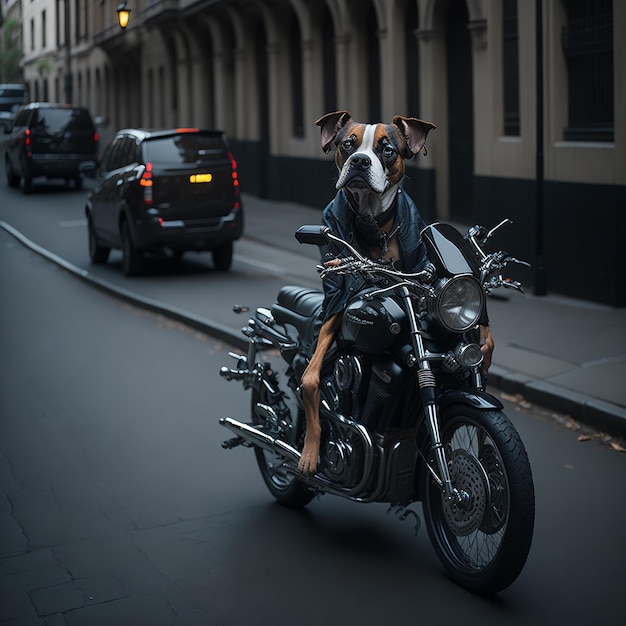 「犬が大好き」と書かれたジャケットを着たバイクに乗った犬。