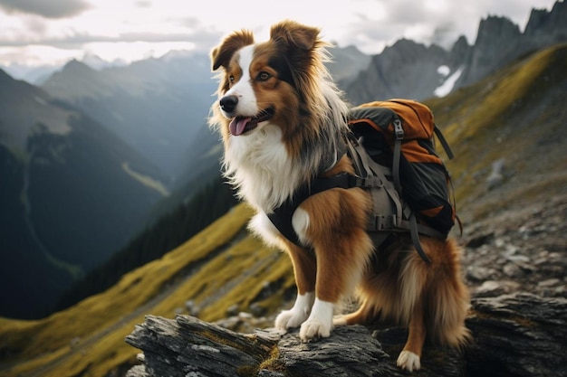 A dog in a mountain with a backpack on his back