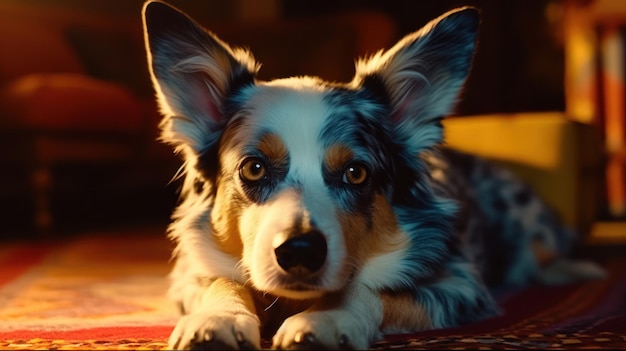 A dog named collie lies on a rug in a dark room.