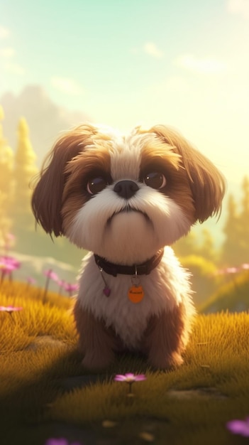 A dog named pixar is sitting in a field