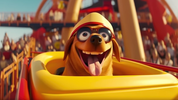 A dog named pixar is in a yellow car with a red nose and glasses.