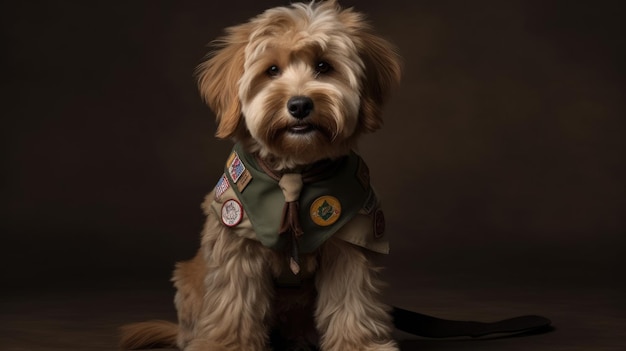 A dog named scout sits in a dark room.